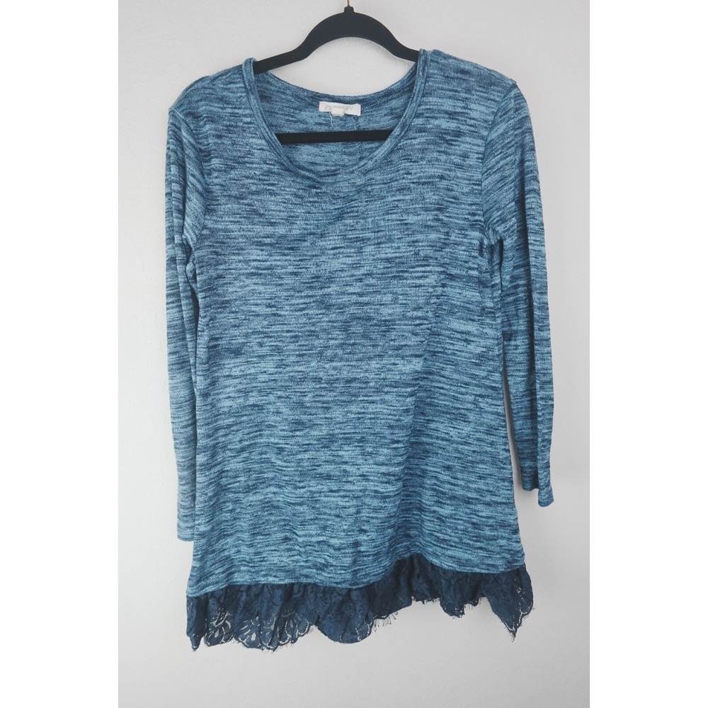 Rebellion Tunic Top Small Blue Space Dye‎ Lace Hem Long Sleeve Boho Casual